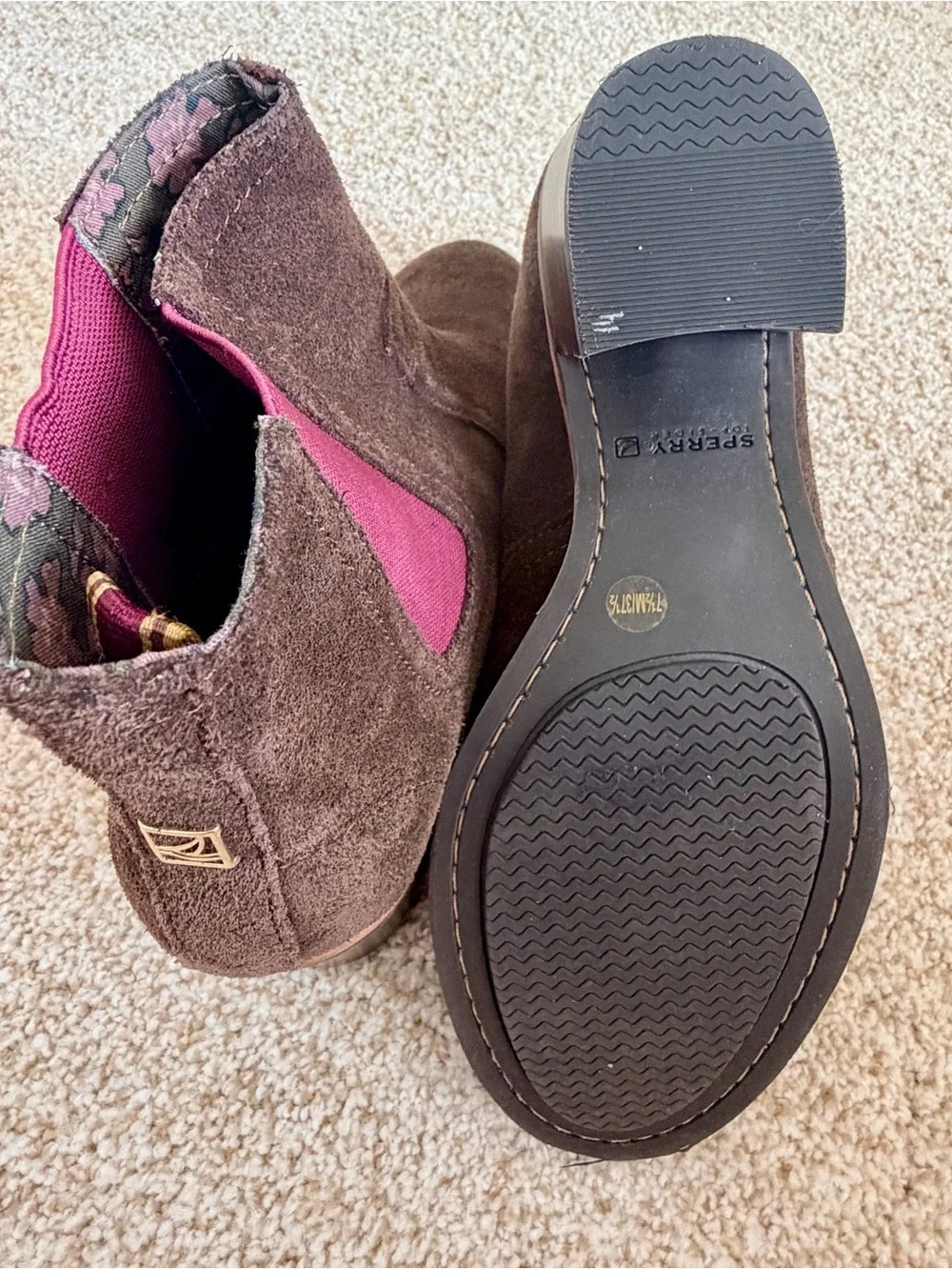 Sperry Brown Suede Chelsea Ankle Boots with Wine Elastic Panels